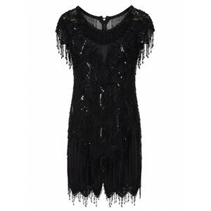 Scala Black Silk Beaded Fringe Flapper Dress Women's Small